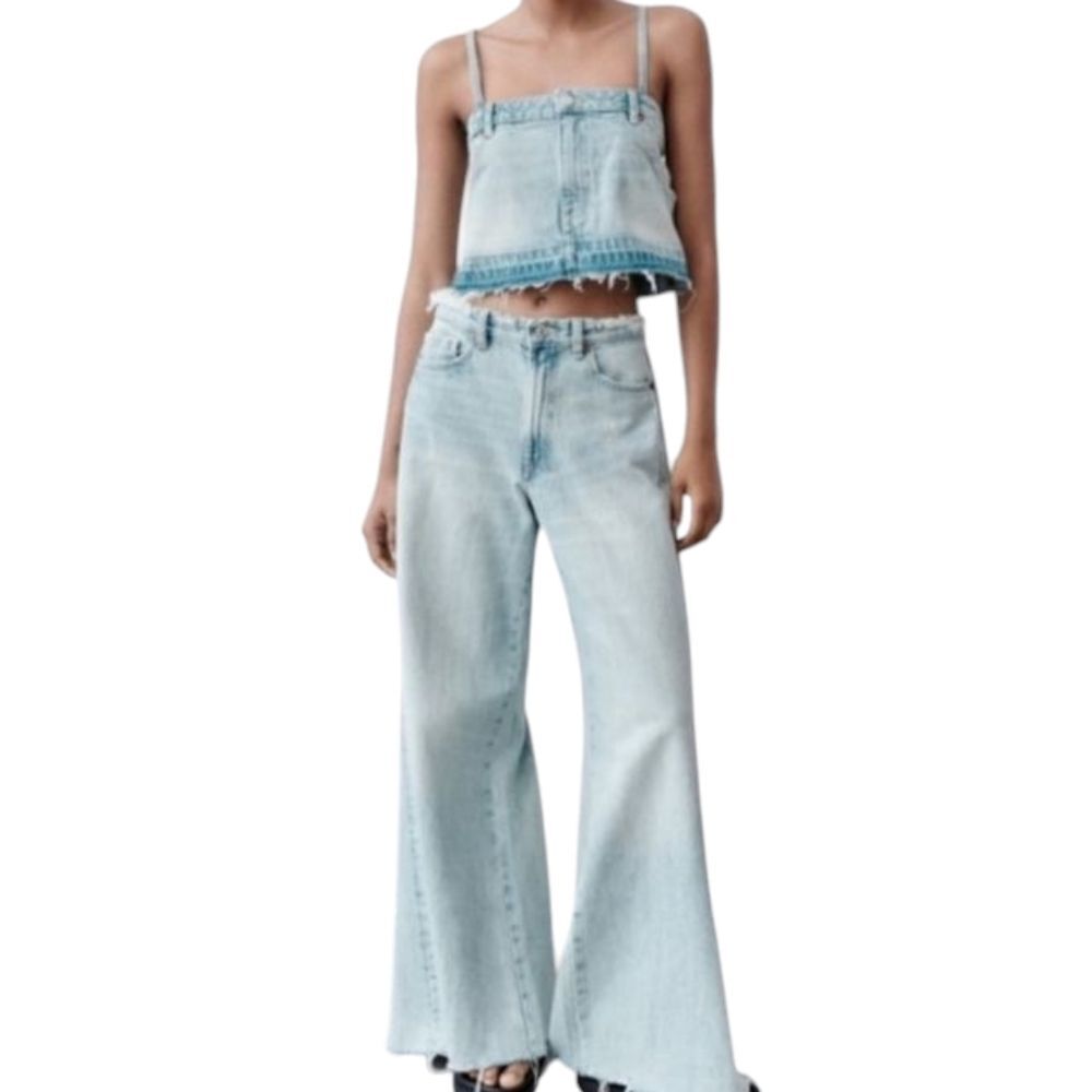 Zara Tank Top Cut Off Jeans Spaghetti Strap Crop Denim Distressed 70s 90s Y2K XS